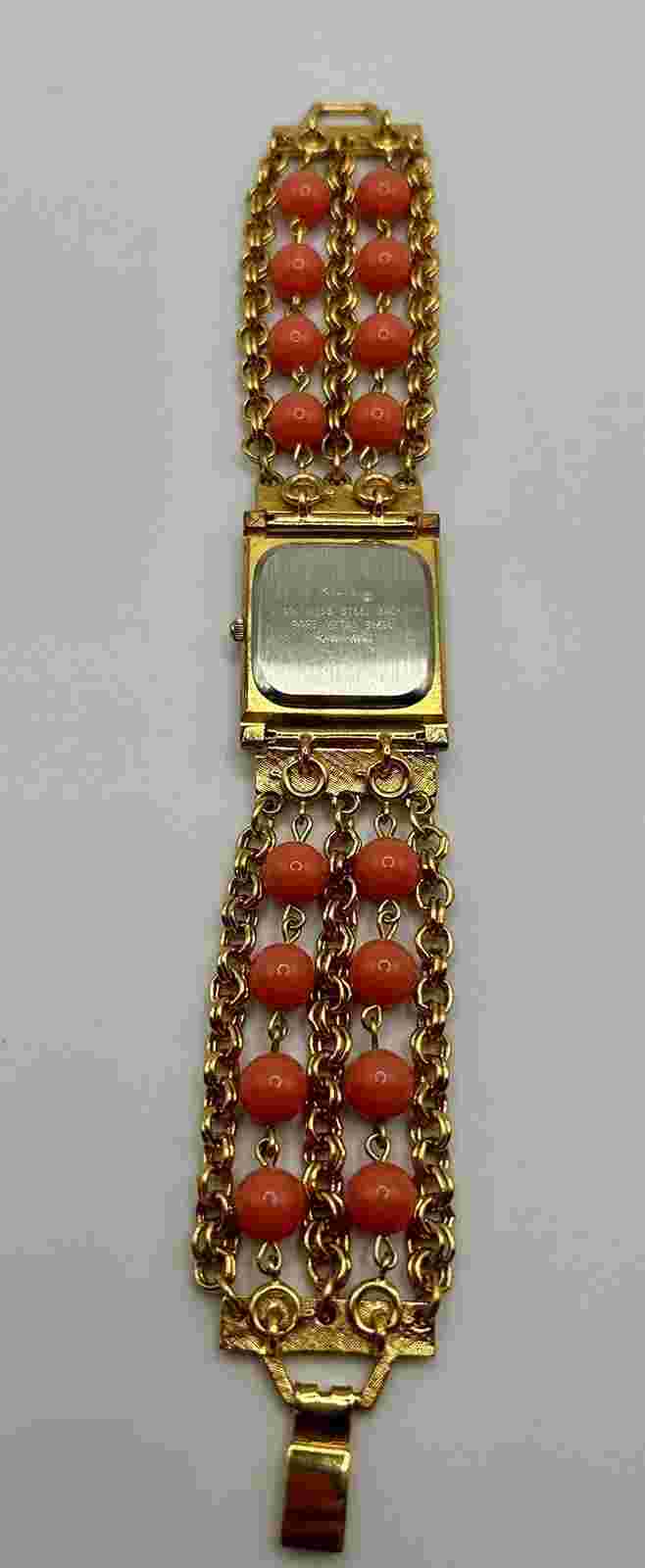 Vintage Kenneth J Lane KJL Gold Tone Watch W/Removable Faux Coral Beads Bracelet