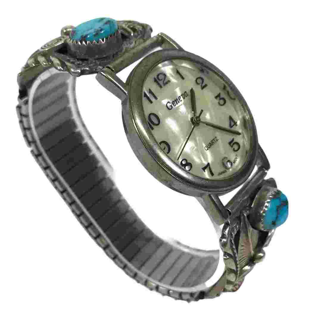 Vintage Navajo Sterling Silver Geneva Watch With Turquoise Stone Leafe Theme
