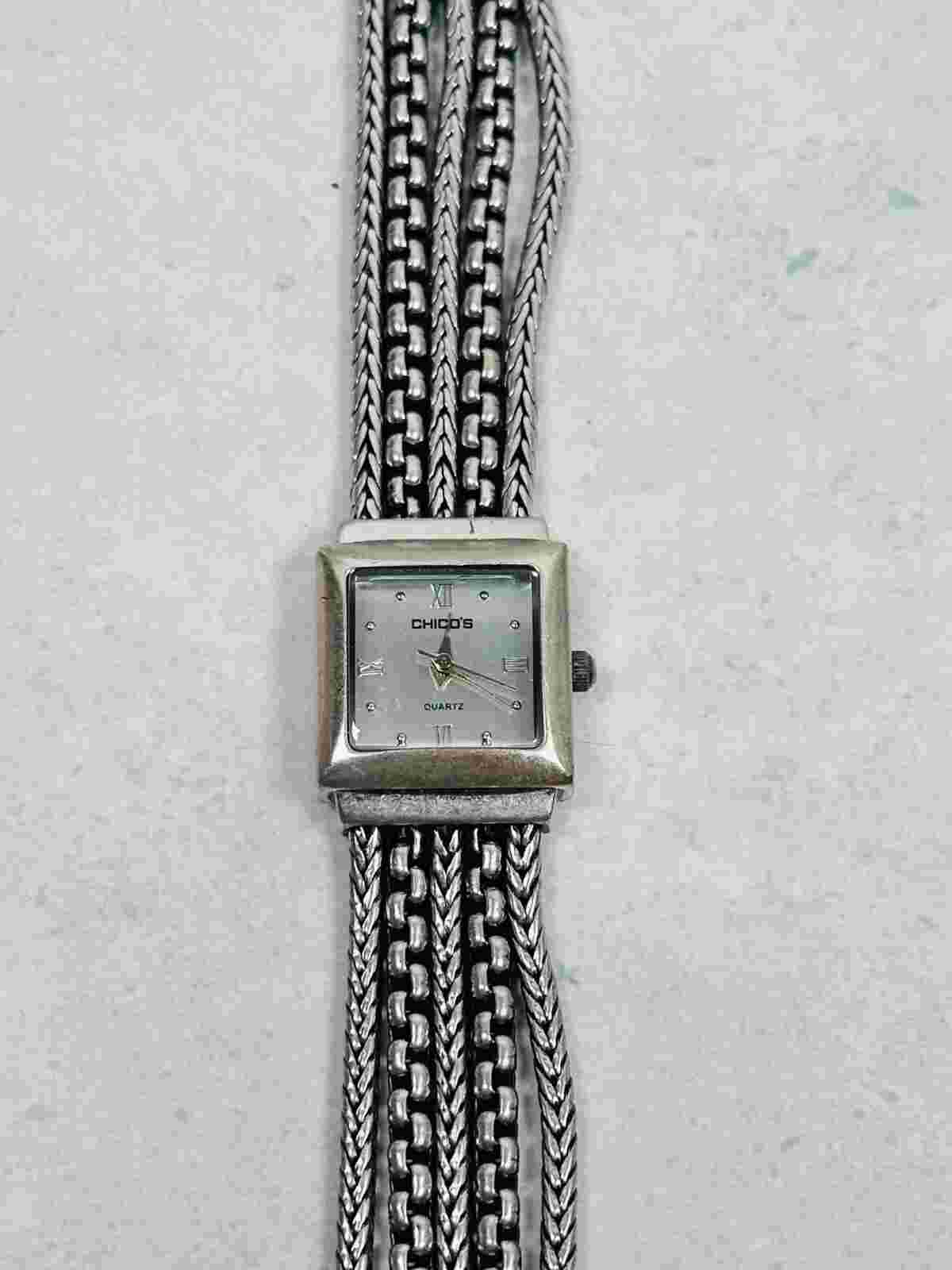 Chicos Watch Bracelet Women 24mm Multi Strand Chain Band Silver Tone New Battery