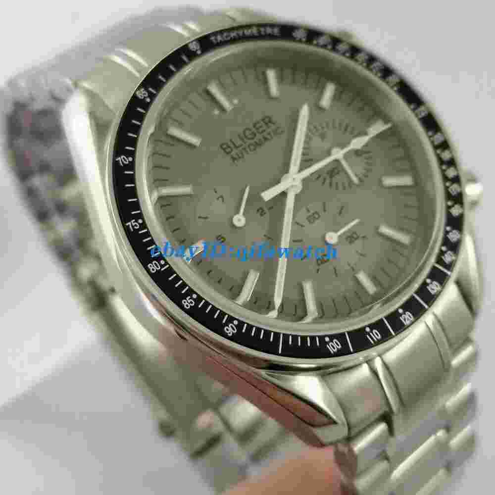 BLIGER Gray 40mm Automatic Men Watch Date Day Indicator steel Band bracelet