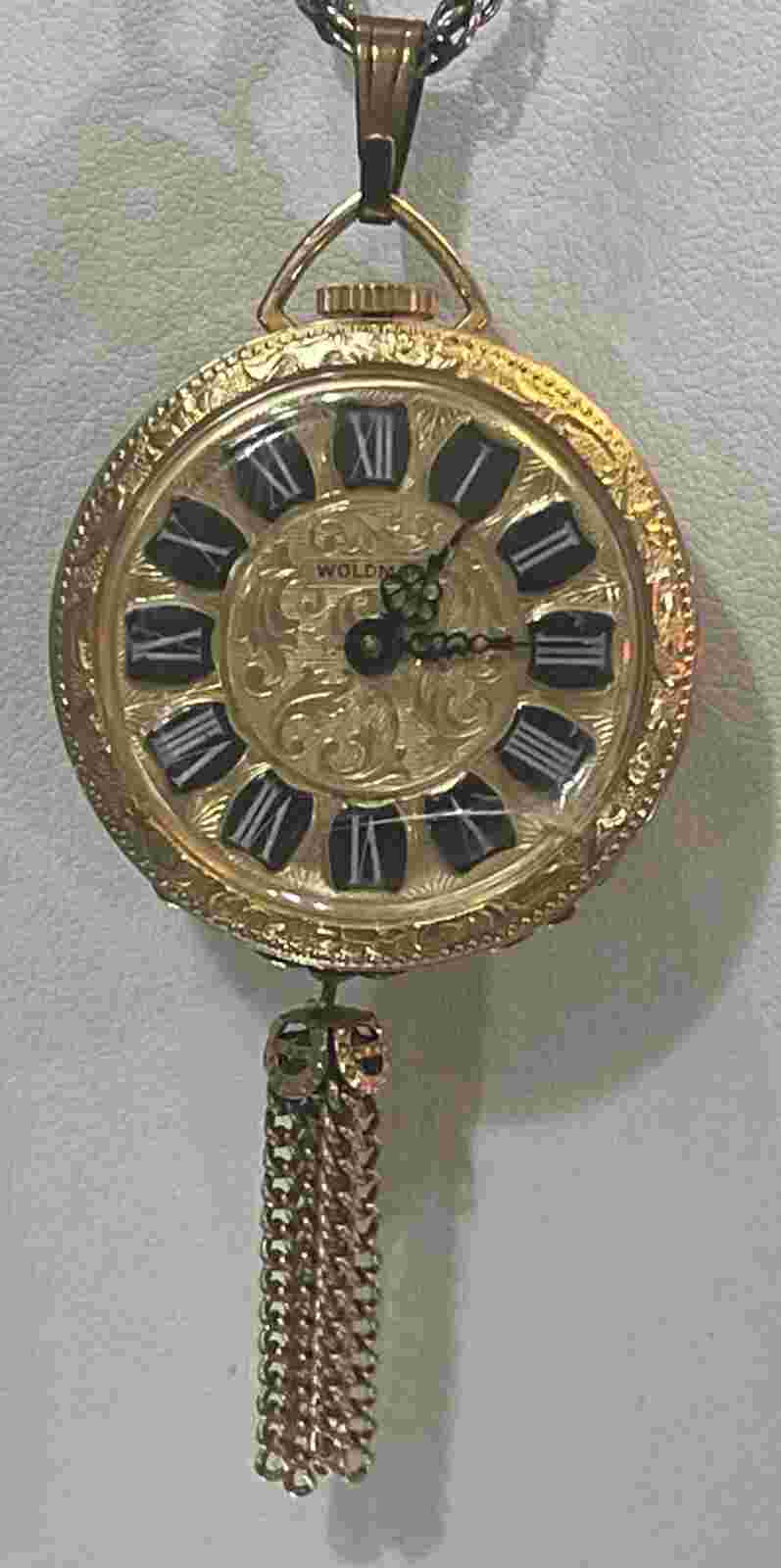 Vintage Woldman Swiss Pendant Turquoise Gold Tone Necklace Hanging Pocket Watch