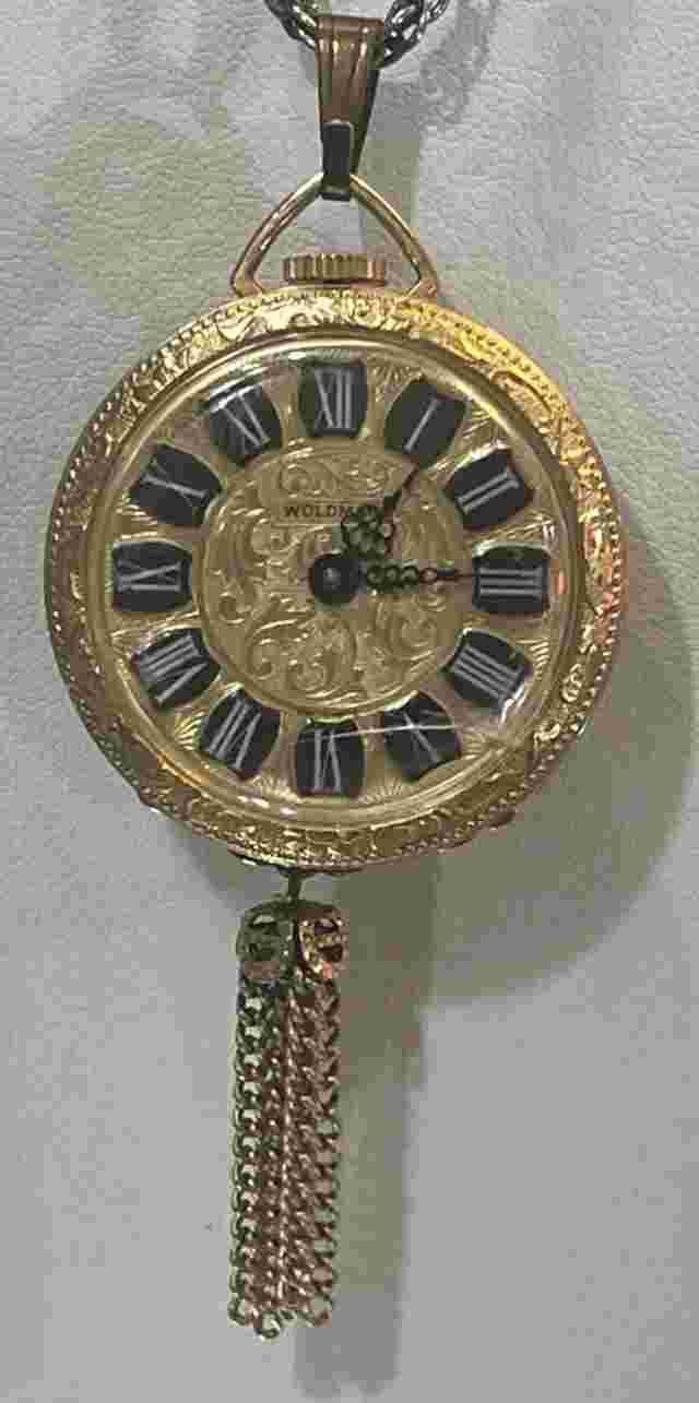Vintage Woldman Swiss Pendant Turquoise Gold Tone Necklace Hanging Pocket Watch