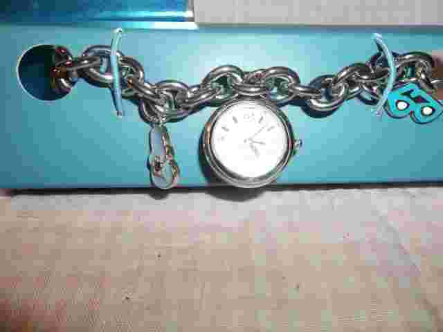 New in Box--Avon Fun in the Sun Charm Watch--silver watch/links, enamel charms