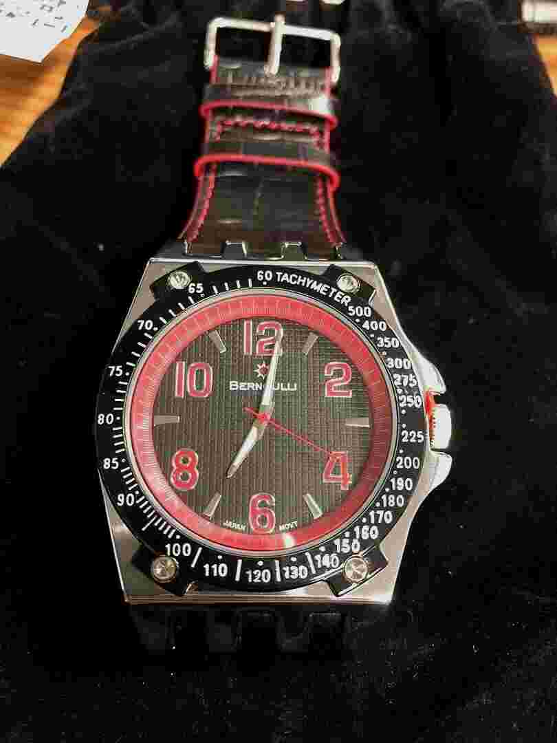 NEW Bernoulli 9724 Men's Polaris Textured Dial Wide Black Strap Red Accent Watch