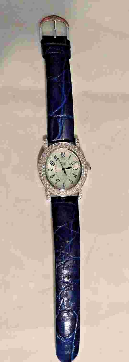 NOLAN MILLER Vintage Watch with Pave Crystals Blue Leather Band Silver Tone EUVC