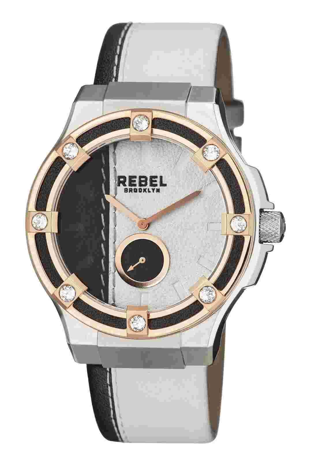 Rebel Women's RB119-5021 Flatbush Rose-Gold IP Steel White/Black Leather Watch