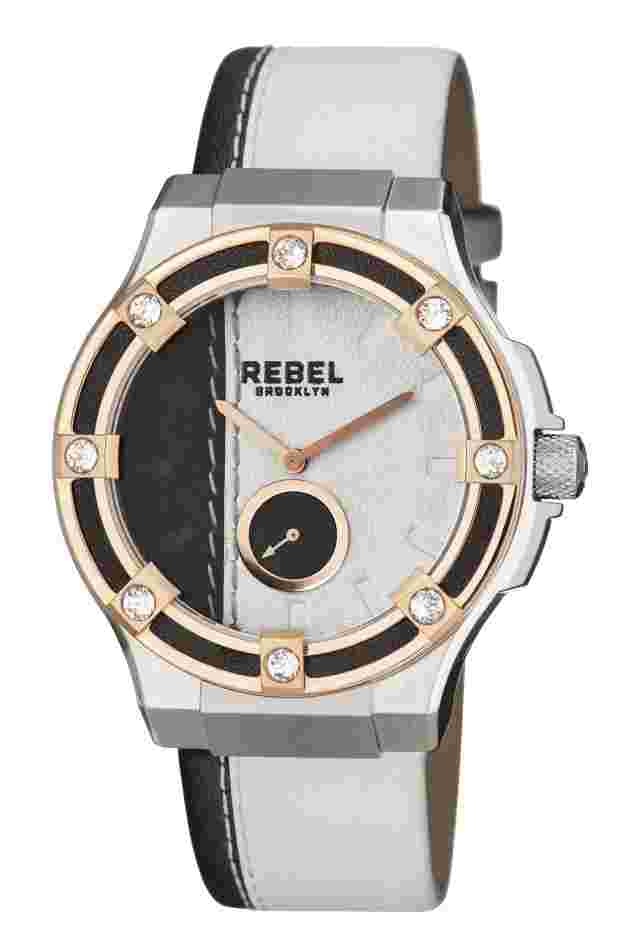 Rebel Women's RB119-5021 Flatbush Rose-Gold IP Steel White/Black Leather Watch
