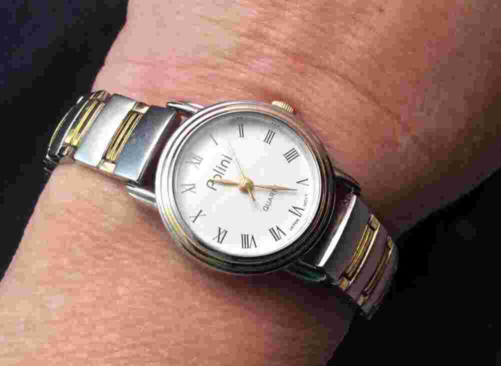 Nice Polini Quartz Ladies Brushed Silver with Gold Trim Quartz Watch New Battery