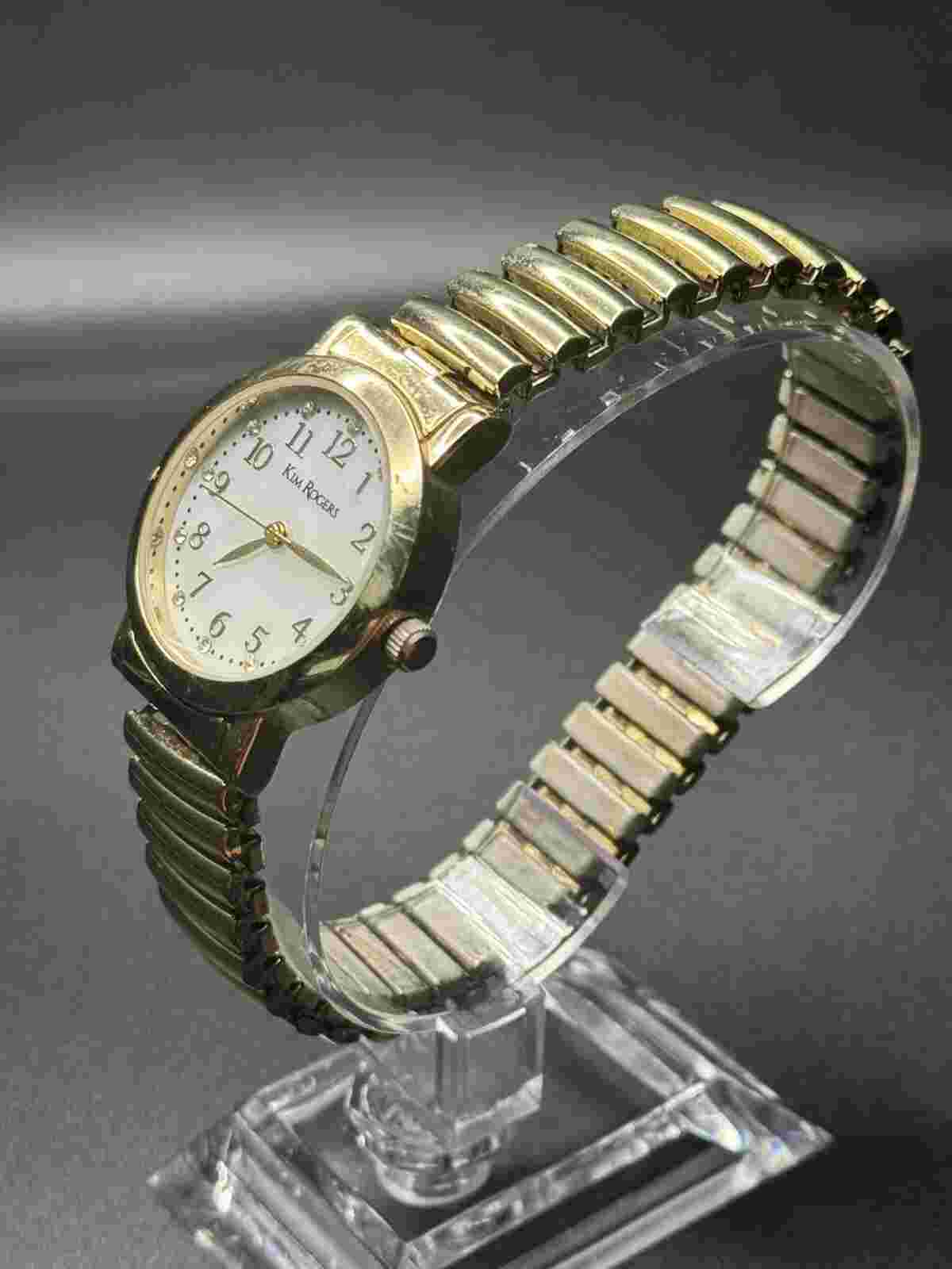 Vintage Gold Tone Women’s Kim Roger’s Watch White Pearl Dial W/ Stretch Band Use