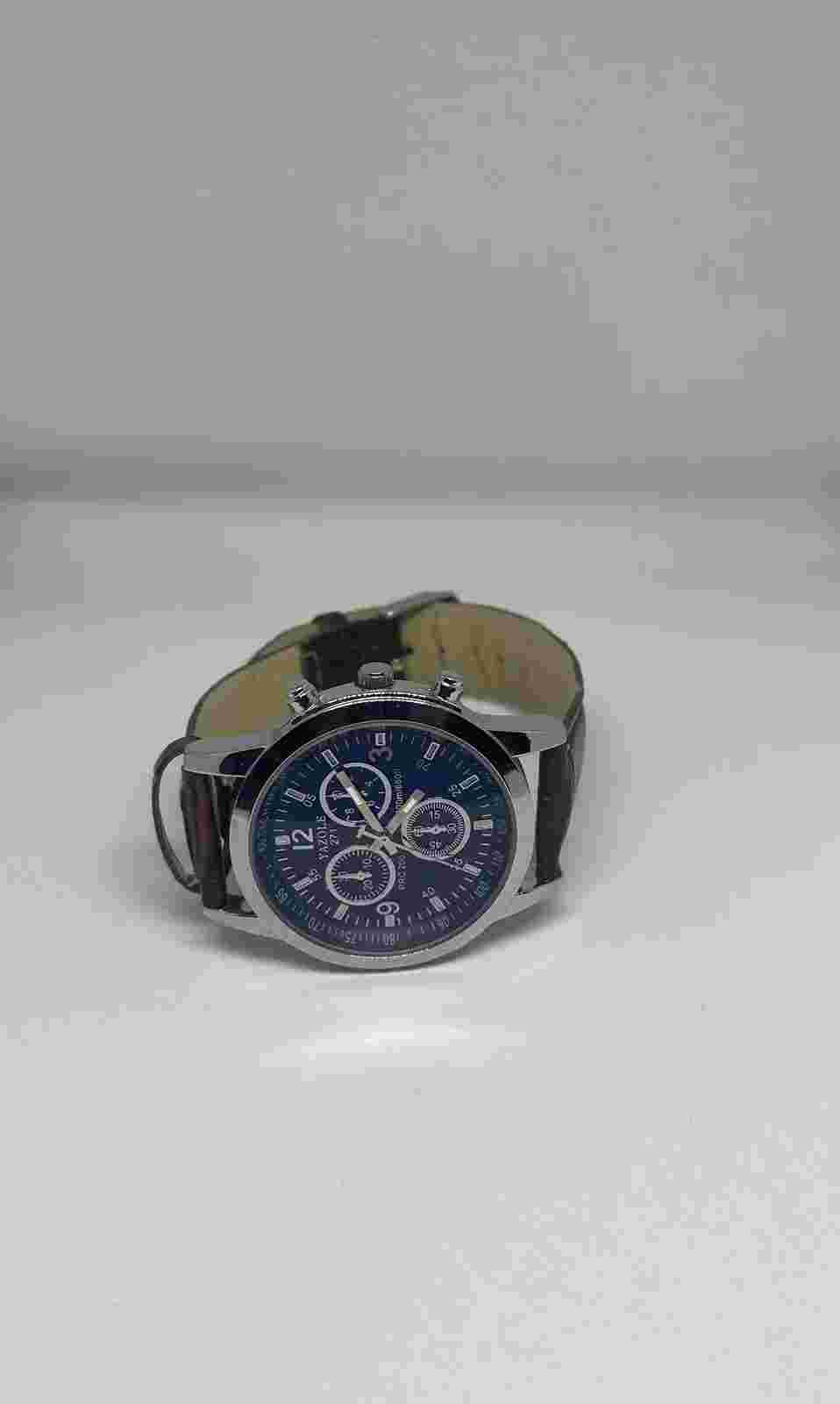 Yazole 271 Mens Classic Black Face Leather Strap Stainless Steel Quartz Watch