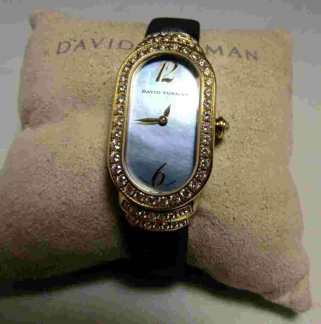 David Yurman 18K  Madison Gray MOP Face Diamond Bezel Watch Black Satin Band