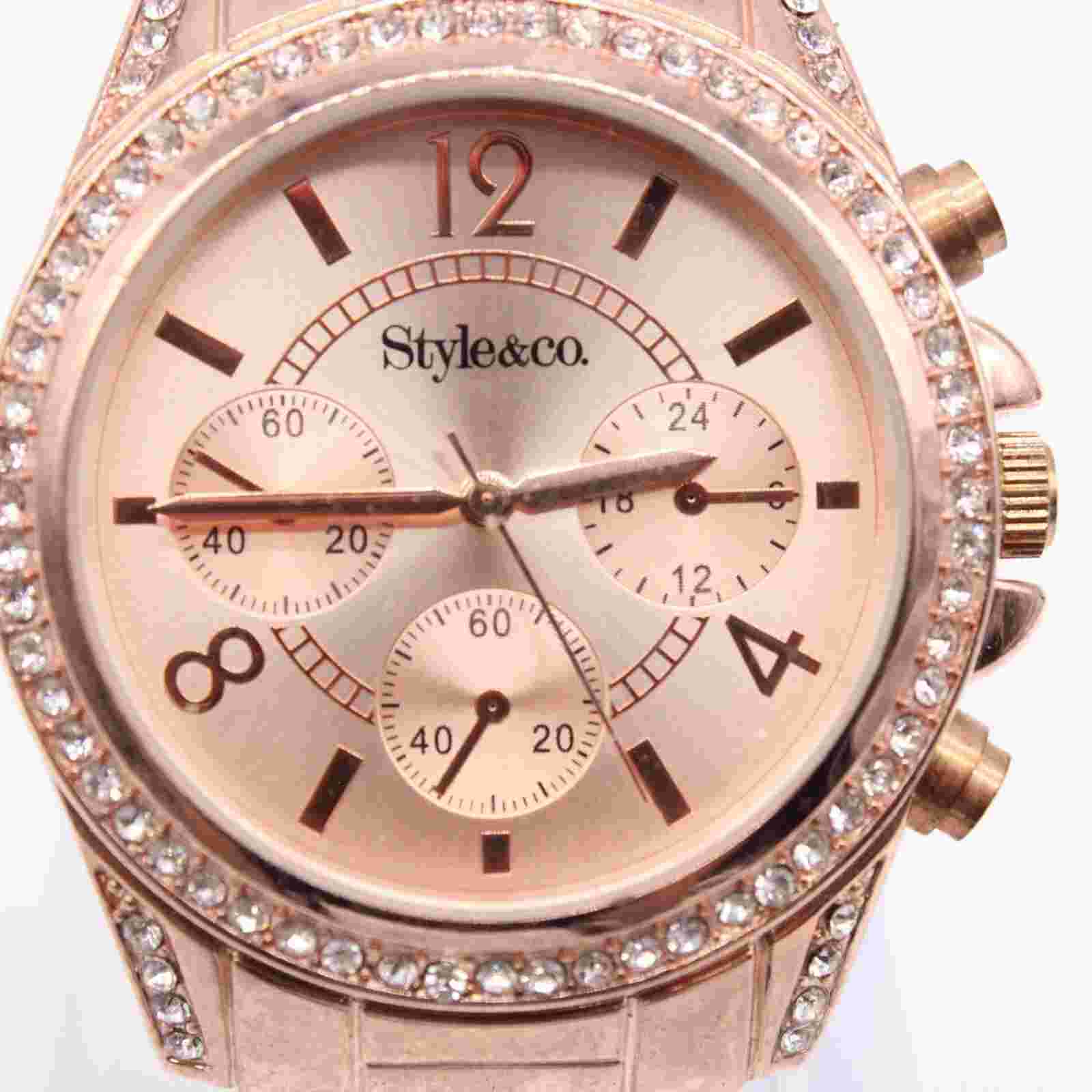 Style & Co Chronograph Watch Womens Rose Gold Tone Stainless Steel Rhinestones