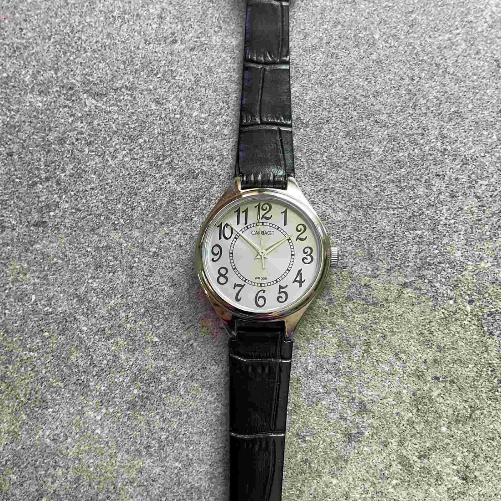 Carriage by Timex Watch Women 30mm Silver Tone Case Black Leather Band Bin A