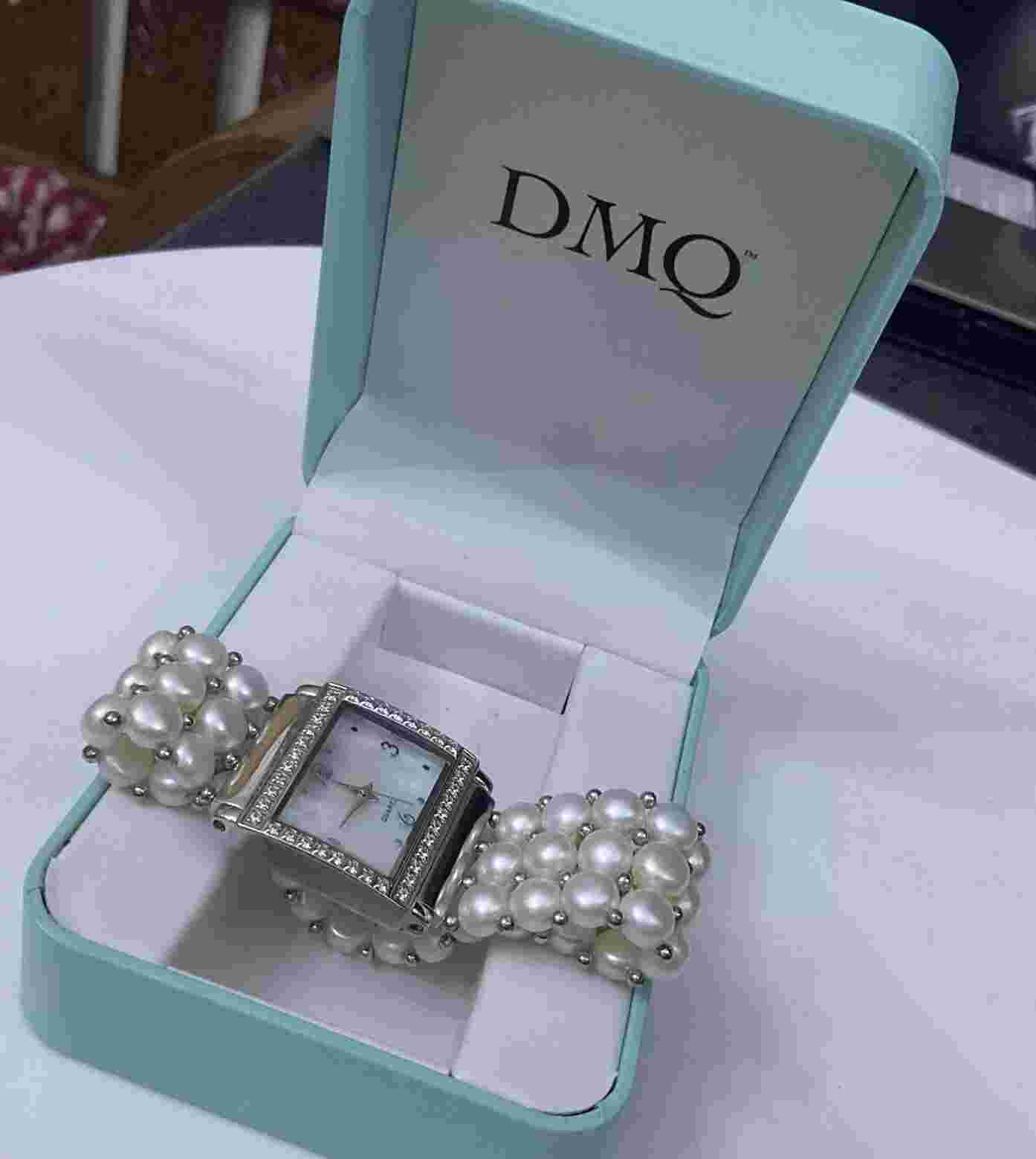 QVC Ladies DMQ Diamonique CZ Silver Finish Square Face Pearl Bracelet Watch G