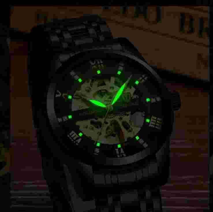 Christmas GifLuxury Men Tourbillon Mechanical Luminous Waterproof Skeleton Black