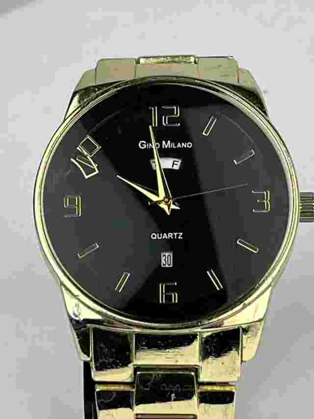 Gino Milano Men's Watch Black Dial Day Date SS Band Gold Tone New Battery Runs