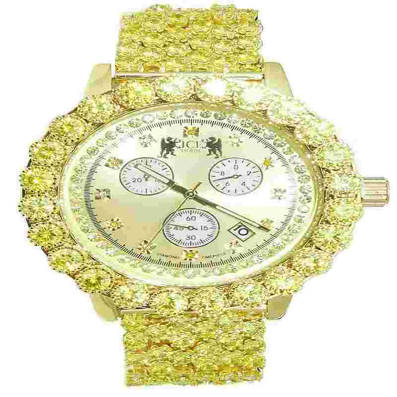 Canary Genuine Diamond Mens Yellow Gold Finish 6 Row Custom Band Ice House Watch