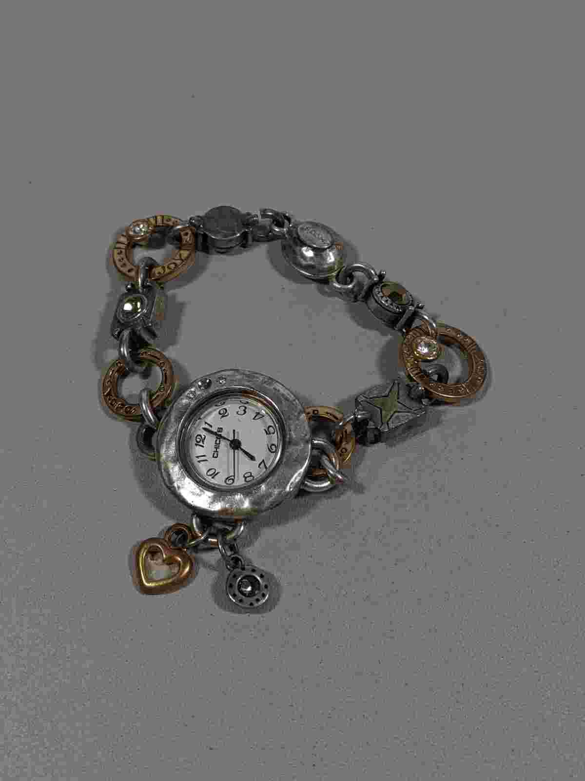 Chico's Round Silver Tone Case 29 mm Joy Hope Heart Link Bracelet Band Watch