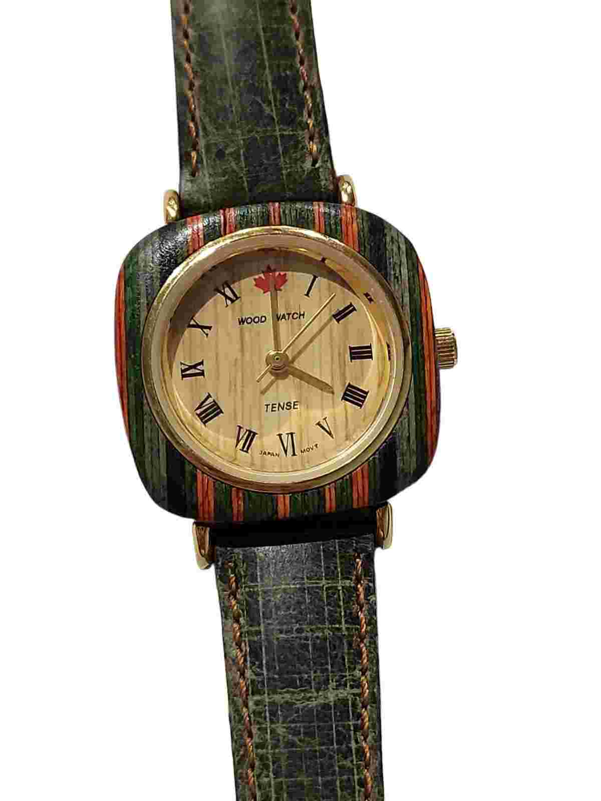 Tense Women's Wood Watch Leather Band Canada Olive Green Orange Brown Wood Case