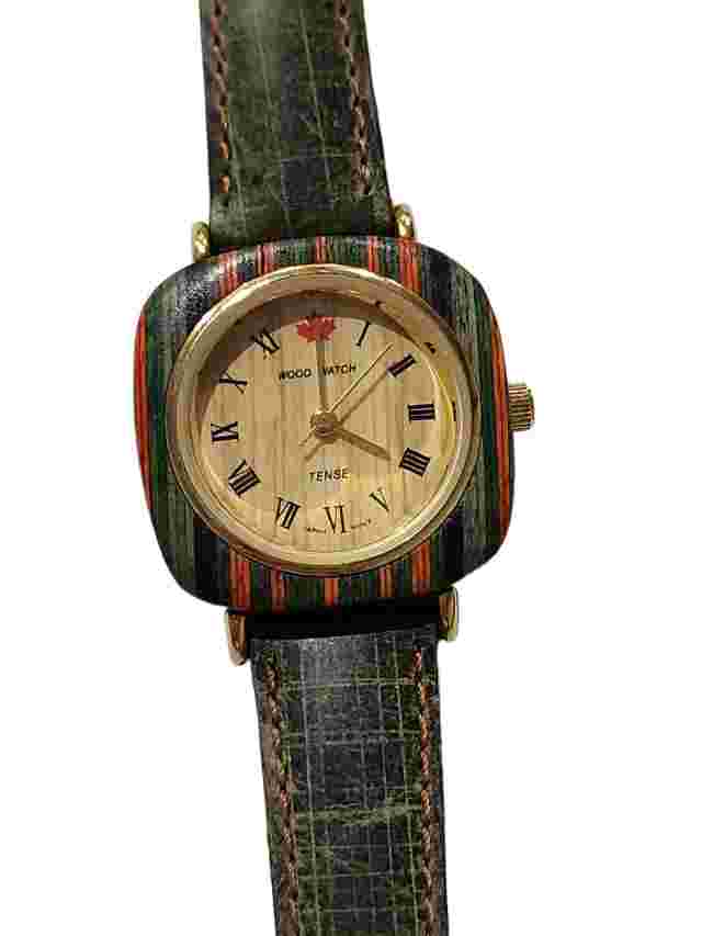 Tense Women's Wood Watch Leather Band Canada Olive Green Orange Brown Wood Case