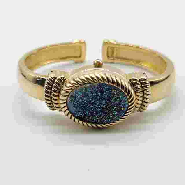 Gem Essence Women Watch 22mm Blue Drusy Cover Gold Tone Cuff Band New Battery