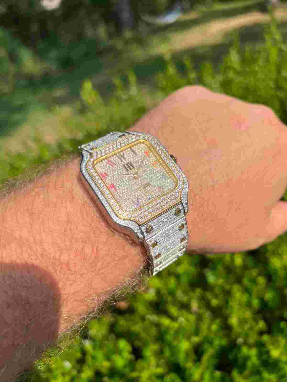 Real 16ct VVS MOISSANITE Watch Iced Automatic Movement Gold Hip Hop Arabic Out