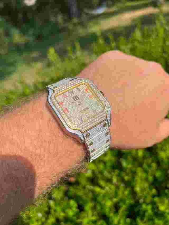 Real 16ct VVS MOISSANITE Watch Iced Automatic Movement Gold Hip Hop Arabic Out