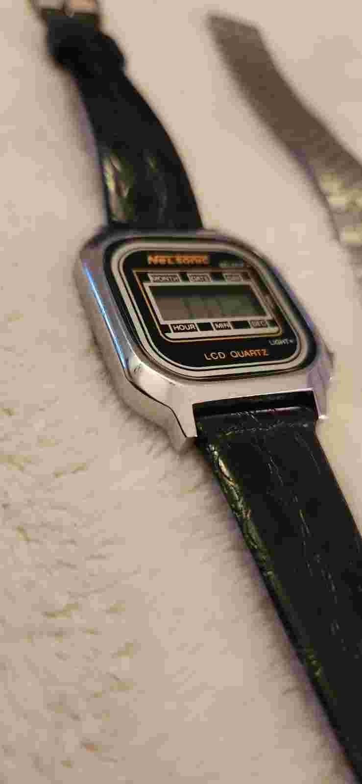 Vintage 80s NELSONIC LCD Quartz Silver CALENDAR Watch Advanced Digital Two Watch
