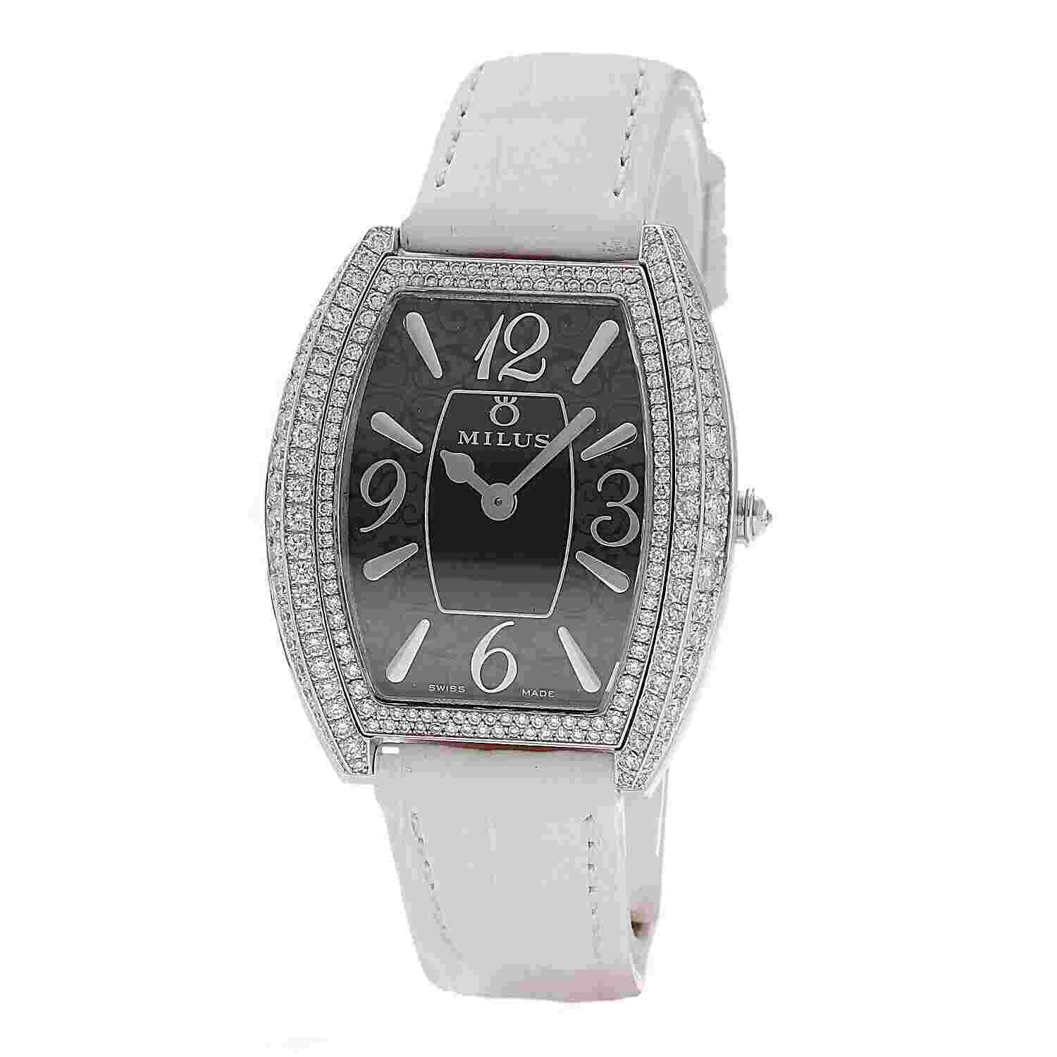 Milus Cirina CIR317 18k White Gold Diamonds White Leather Quartz Women's Watch