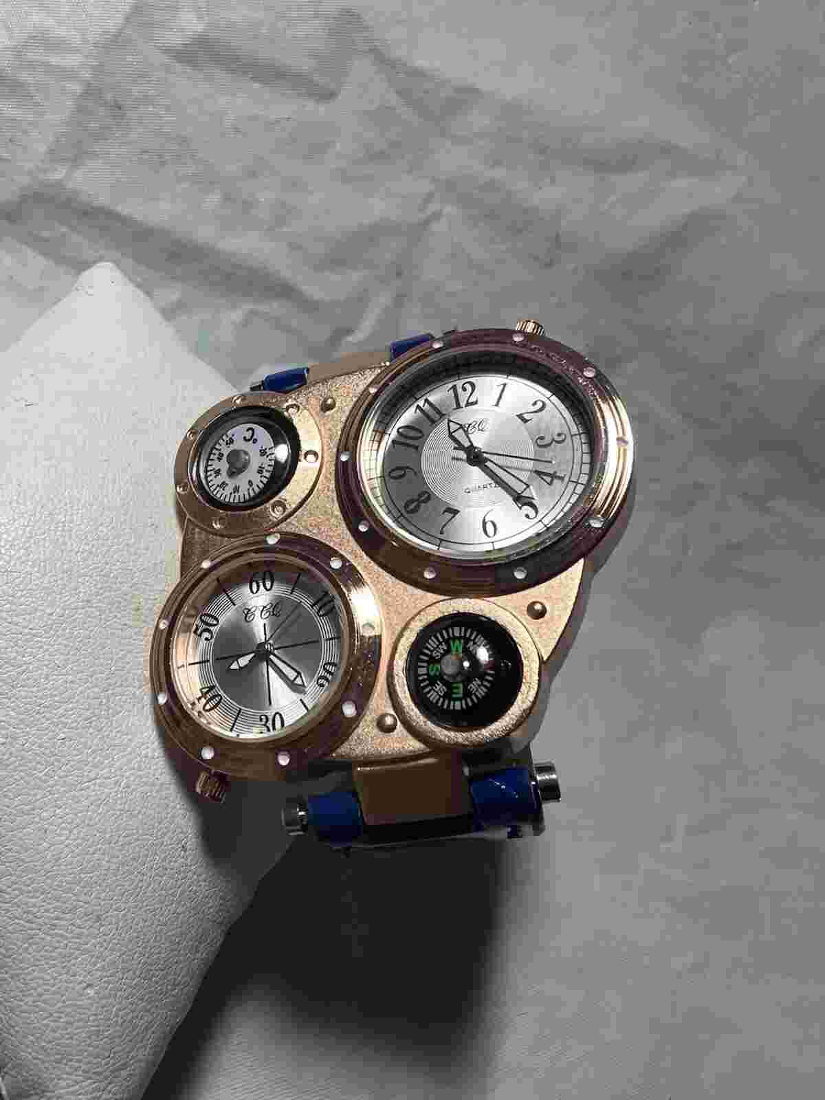 CCe,TWO Zone, more functions,rose Gold,NEW Battres, blue nylon band, men’s watch