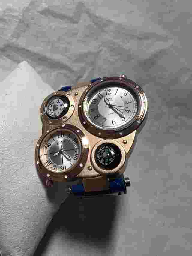 CCe,TWO Zone, more functions,rose Gold,NEW Battres, blue nylon band, men’s watch
