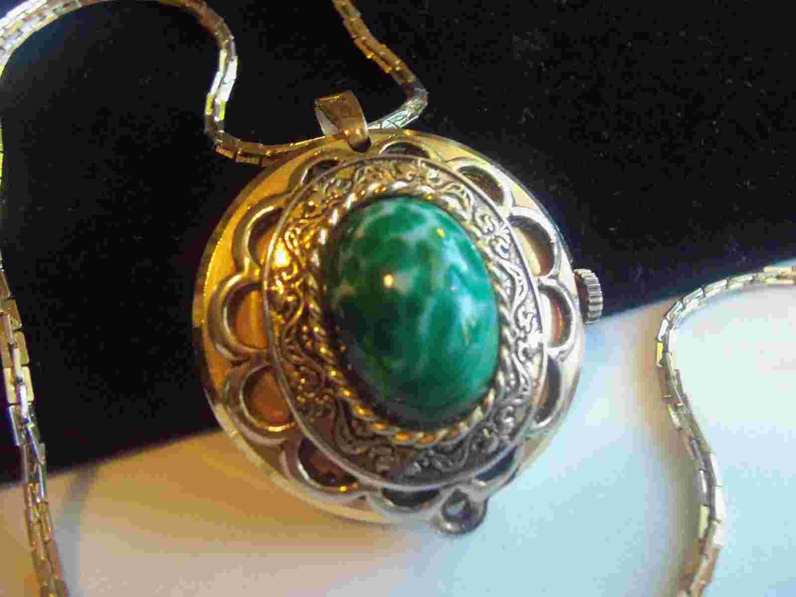 Lucerne  Watch reversible Green stone glass On Gold fill Necklace works
