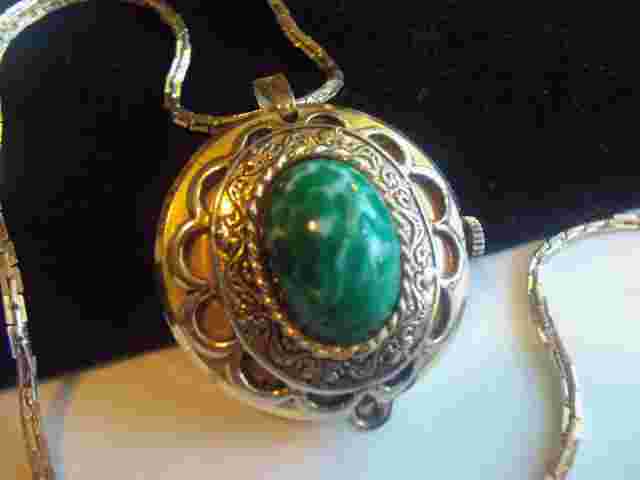 Lucerne  Watch reversible Green stone glass On Gold fill Necklace works