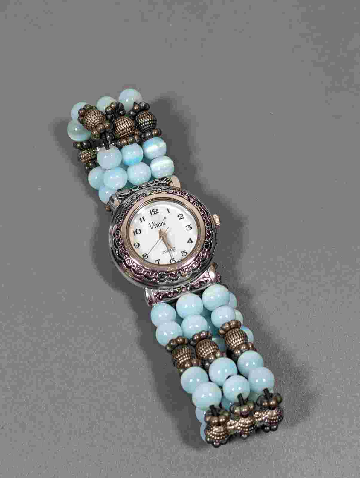 Vivani Retro Blue Glass Cats Eye Round Beaded Stretch Bracelet Watch 7 in