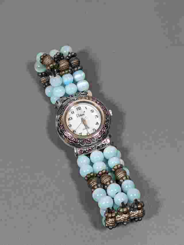Vivani Retro Blue Glass Cats Eye Round Beaded Stretch Bracelet Watch 7 in