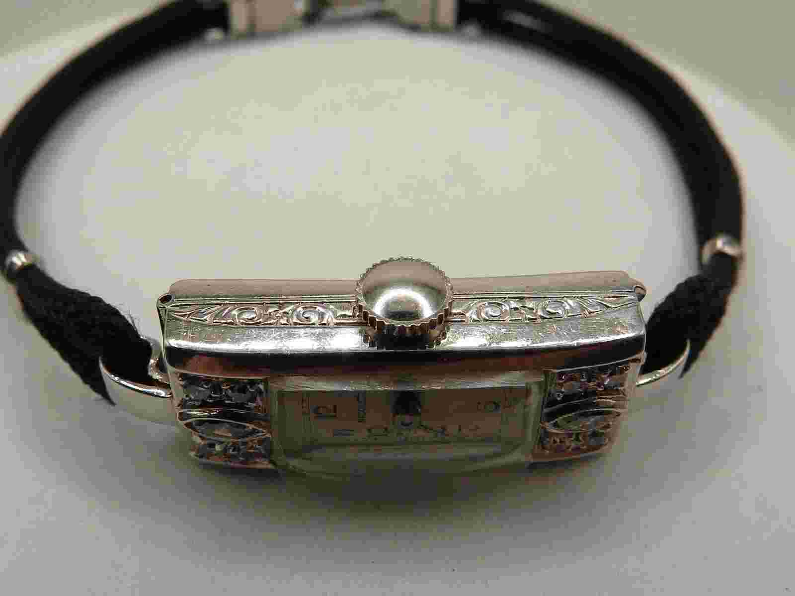 DELICATE PLATINUM NICOLET WRIST WATCH w CORDED BAND & 10 DIAMONDS*