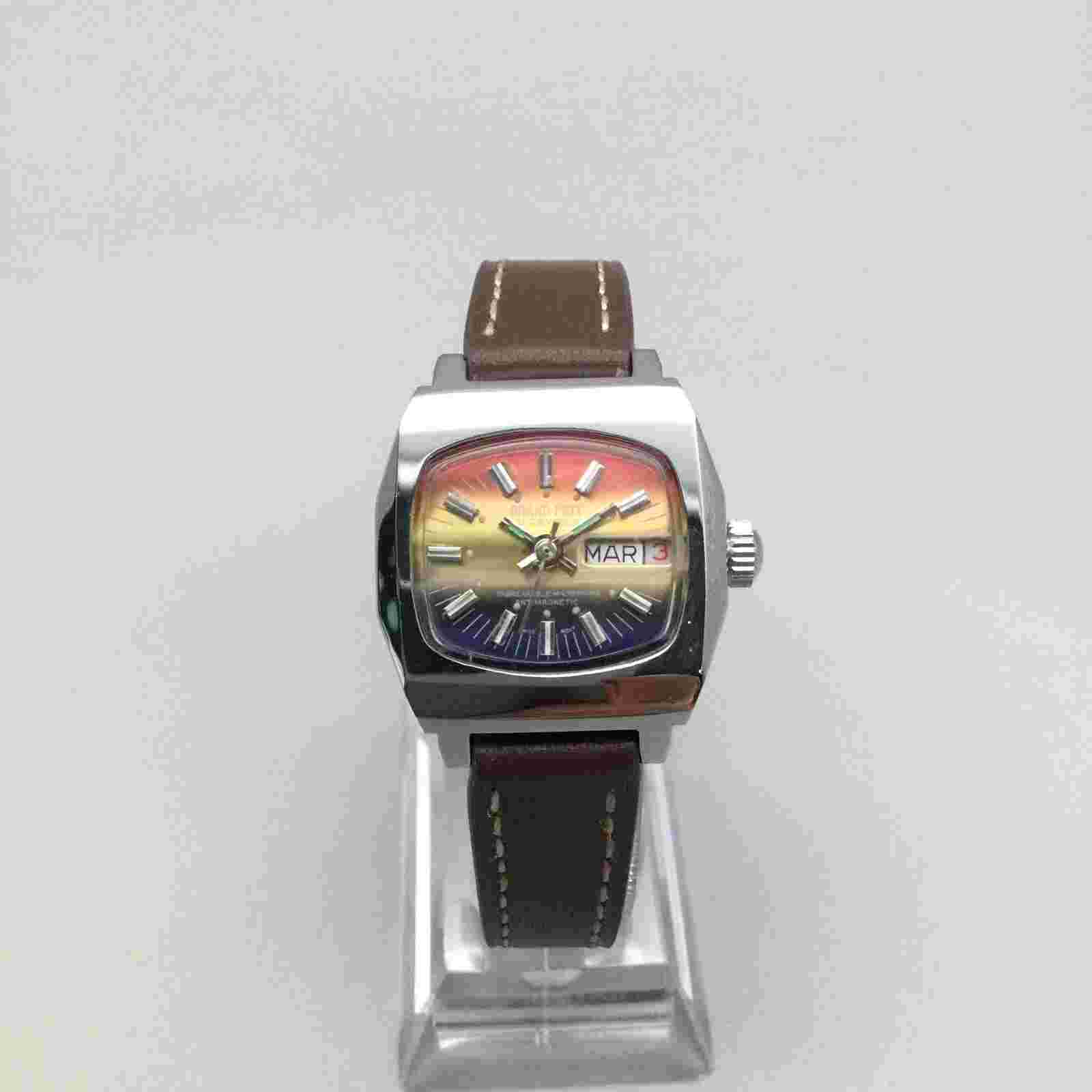 Vtg Grand Prix Watch Women 27mm Ombre Dial Day Date Leather Band New Battery a1