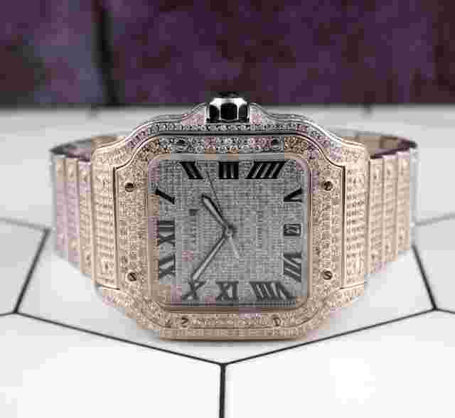Cartier Santos Large 40mm Men's Steel Roman Iced Out 12ct Diamonds Watch 4072
