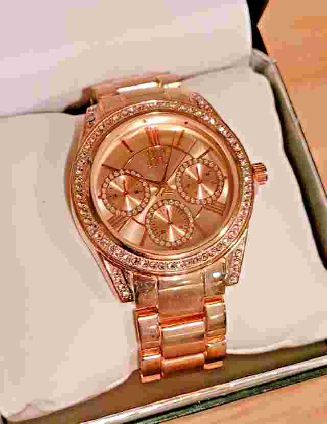 New Unworn Women's INC Crystal Bezel Rose-Gold Tone Dial Bracelet Watch 44mm