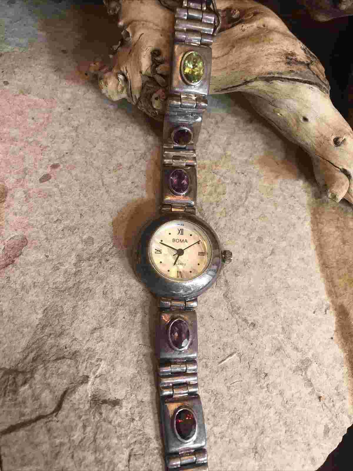 Vintage BOMA Sterling 925 Peridot Garnet Amethyst Bracelet Ladies Watch 6 1/2"