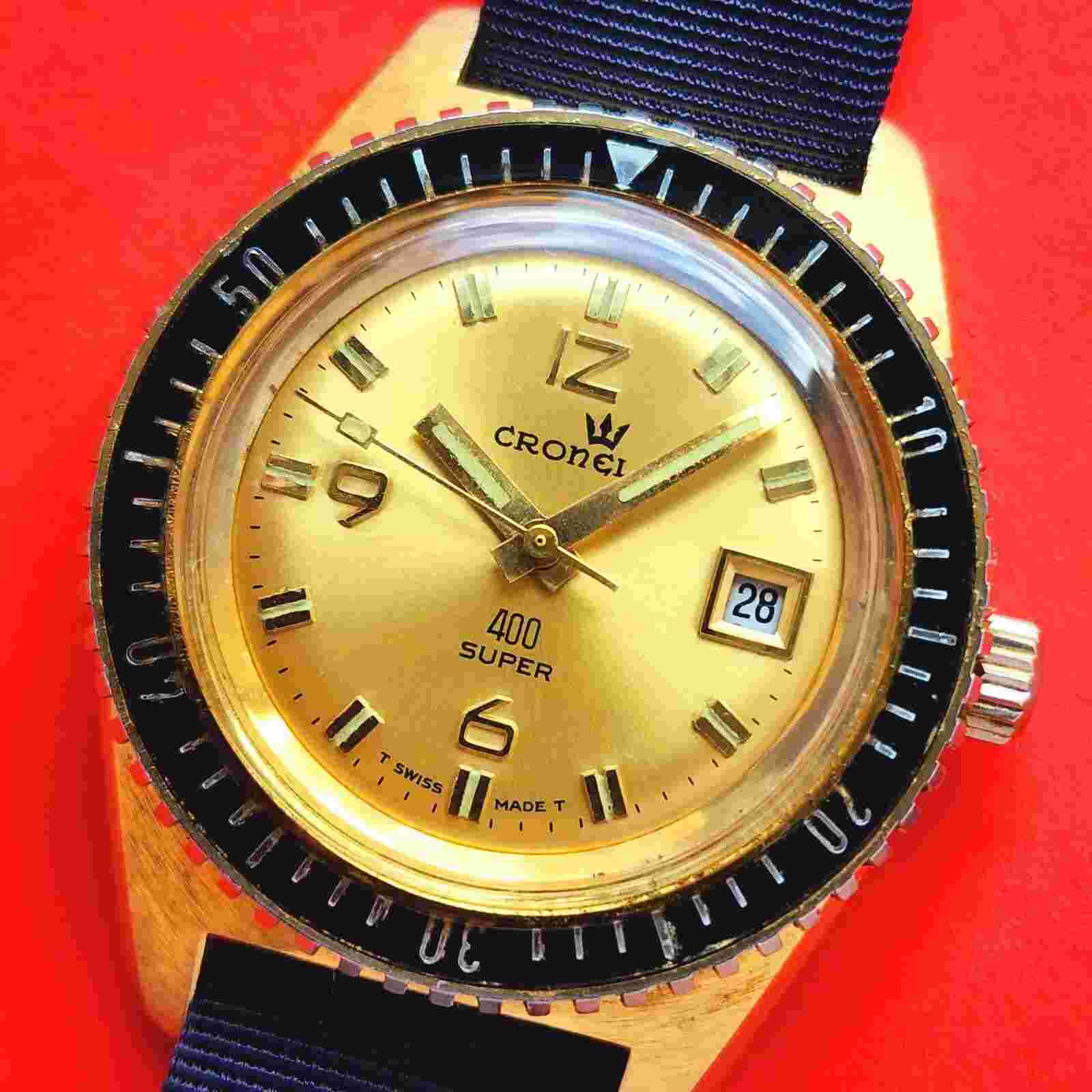 Cronel 400 Super Watch Gold Dial Rotatable Bezel Mechanical 400 Vintage Mens