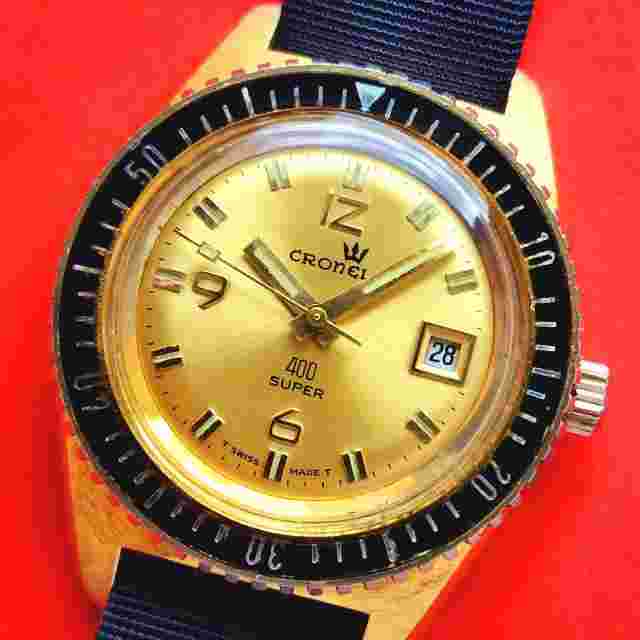 Cronel 400 Super Watch Gold Dial Rotatable Bezel Mechanical 400 Vintage Mens