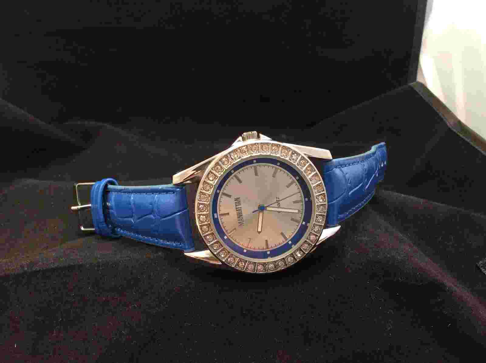Manhattan By Croton Crystal Bezel Blue Leather Rhinestone Ladies Quartz Watch