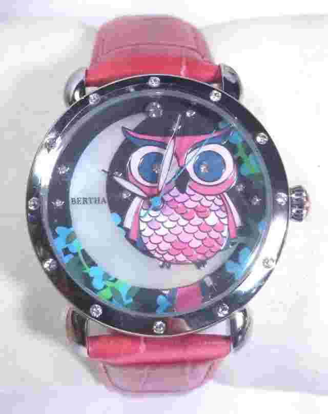 Women Bertha Ashley Watch Br3001 Moon & Owl Face Pink Band Silver Case Crystal