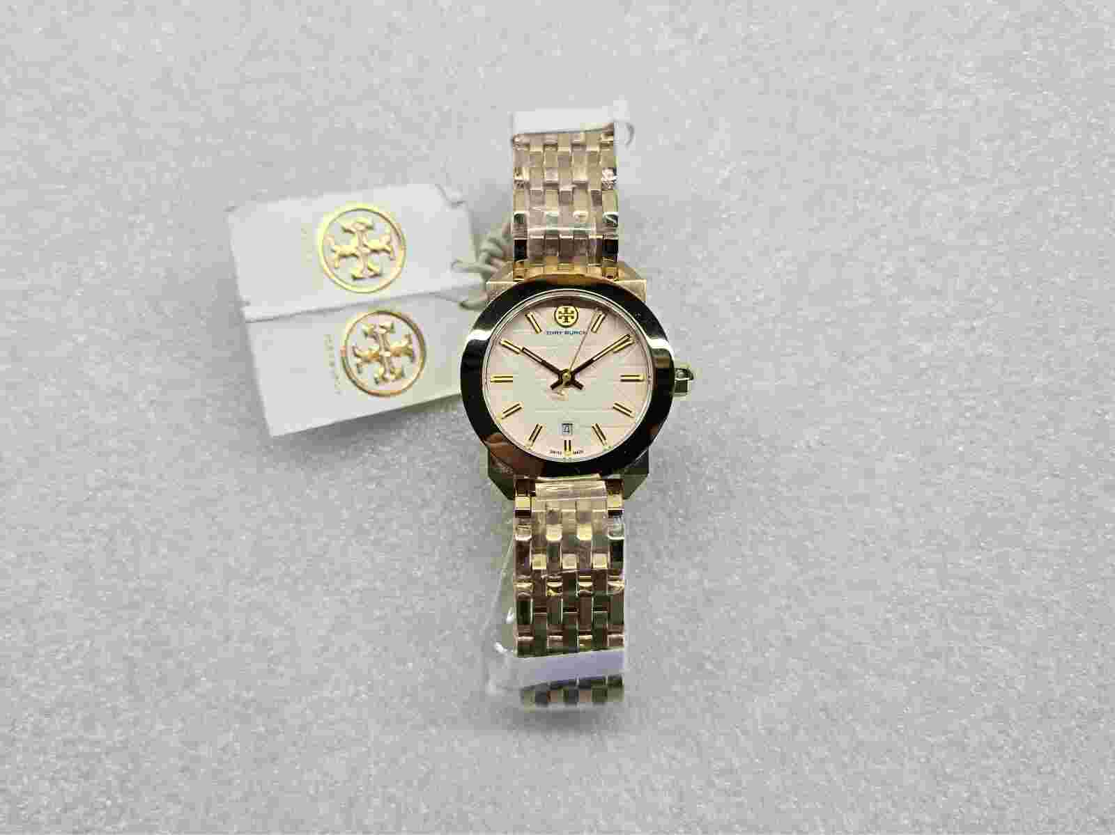 TORY BURCH WHITNEY IVORY DIAL DATE GOLD-TONE ST. STEEL LADIES WATCH TB8000 NEW