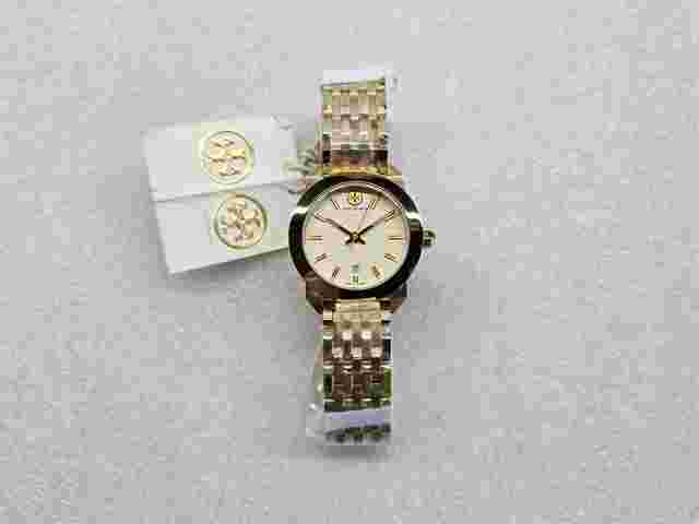 TORY BURCH WHITNEY IVORY DIAL DATE GOLD-TONE ST. STEEL LADIES WATCH TB8000 NEW