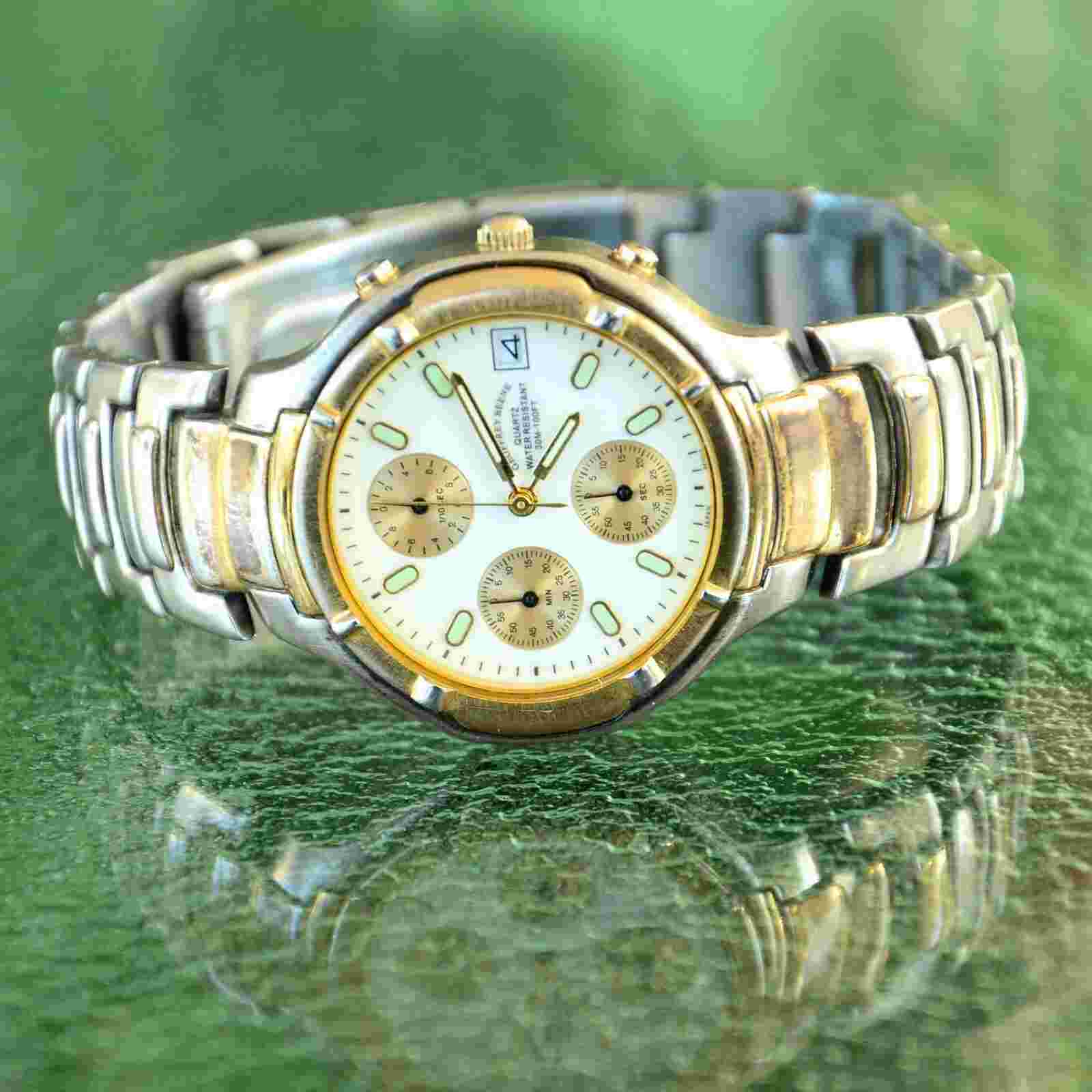 GEOFFREY BEENE TWO TONE STAINLESS STEEL MENS QUARTZ WATCH FITS 8-8.5" WRIST