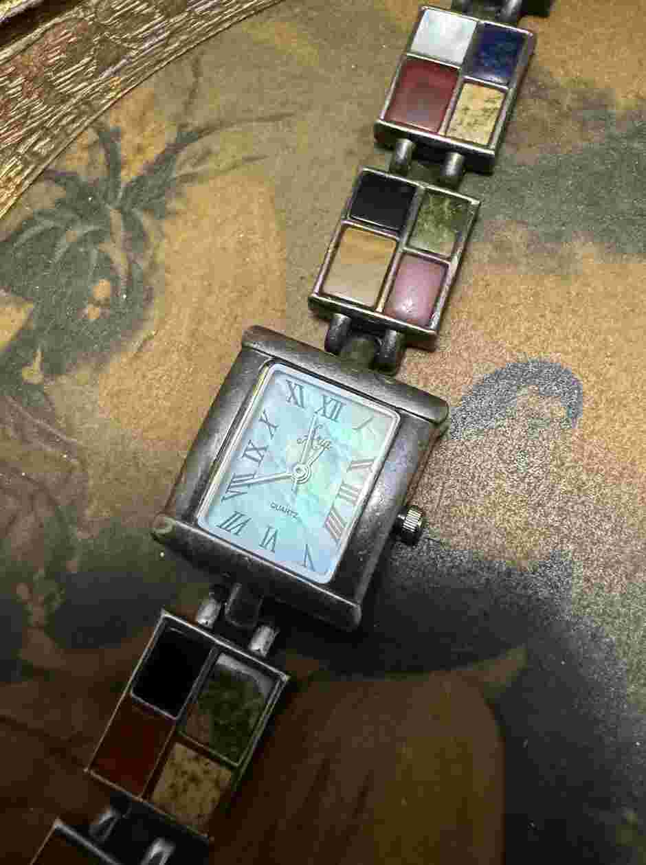 Vintage Aria OIT Sterling Silver 925 Multicolor Gemstones Women’s Watch- Working