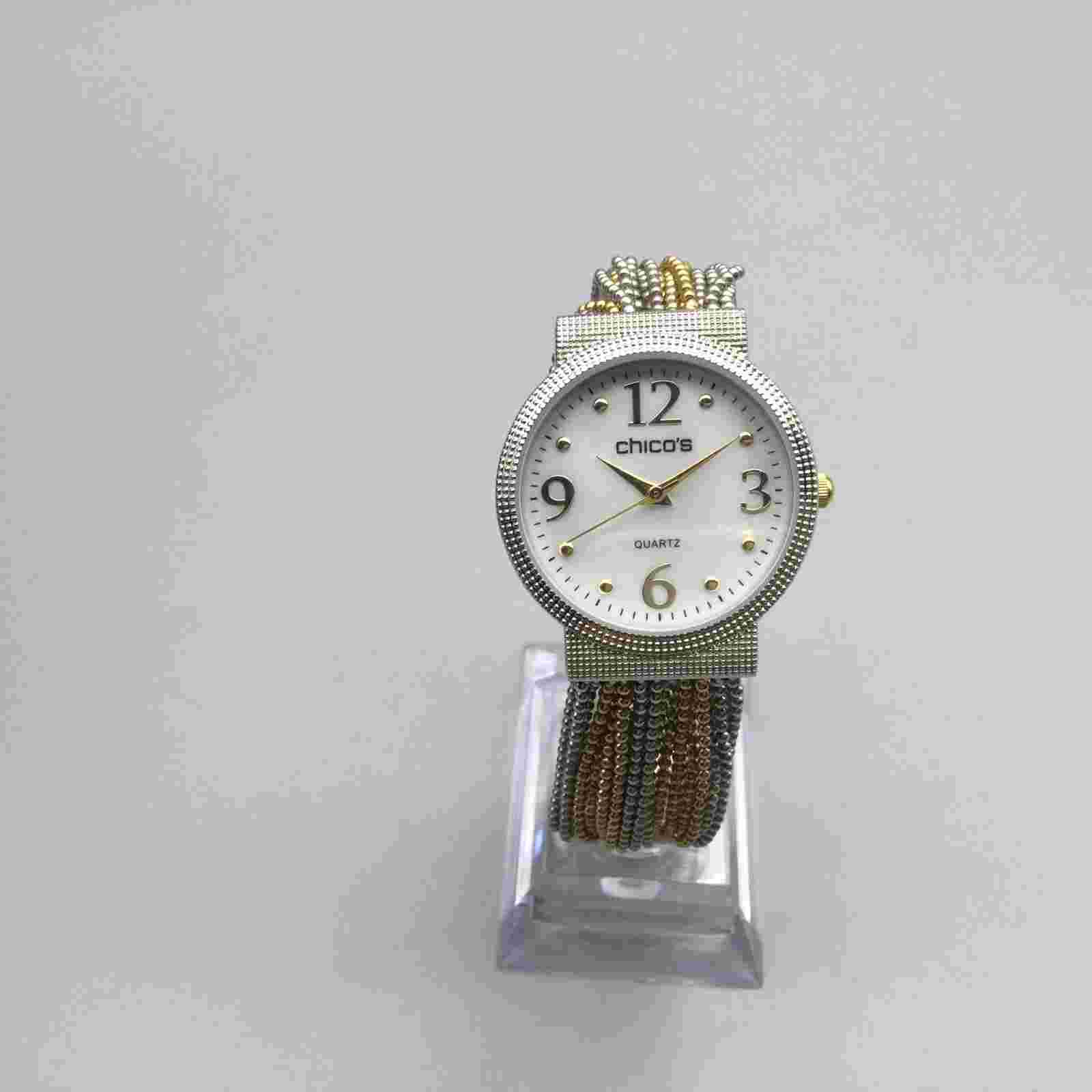 Chico's Watch Women 32mm Silver Gold Tone Multi Chain Band New Battery 6"