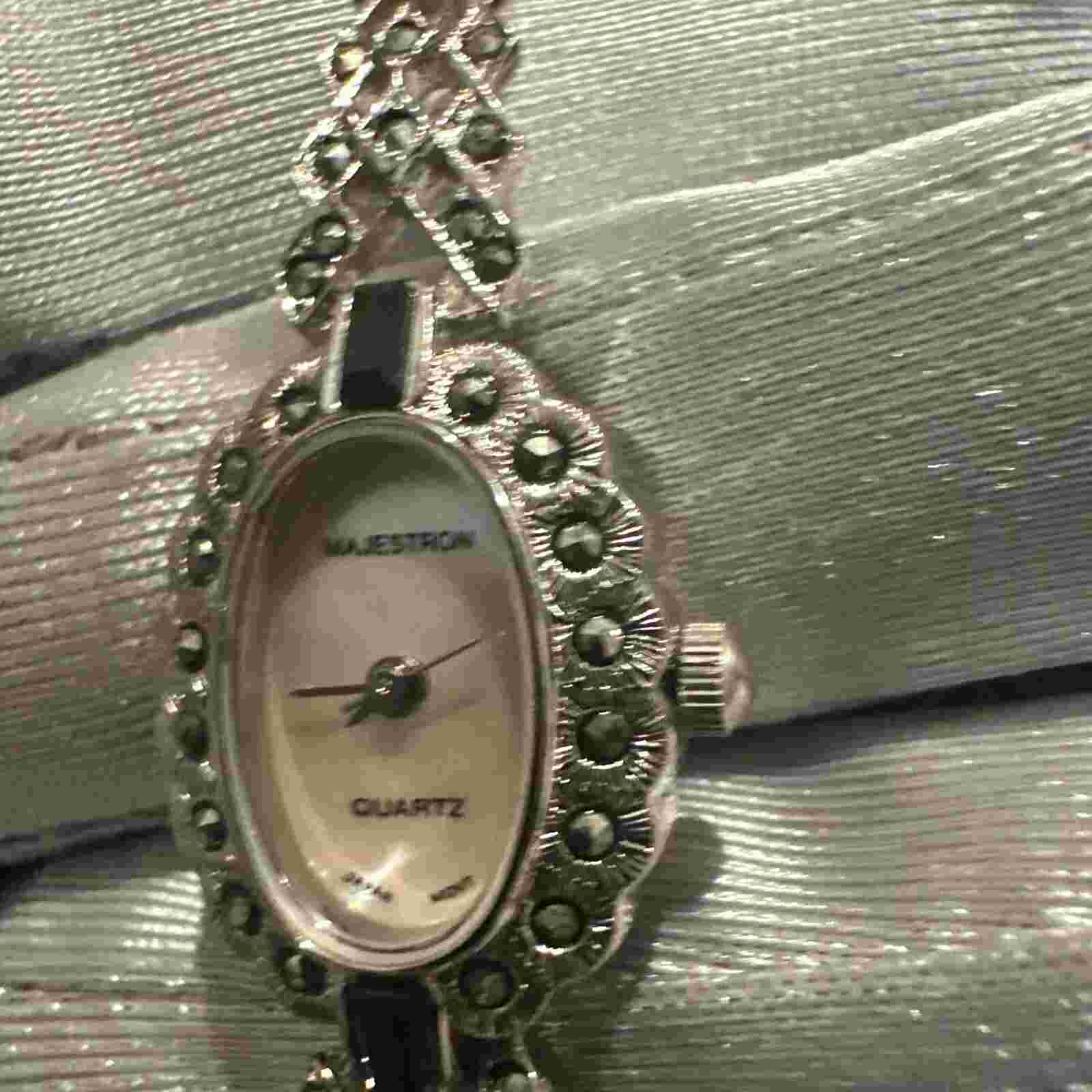 Vintage Majestron Black Stone  Accent Quartz Silver MOP Dial  Womens Watch